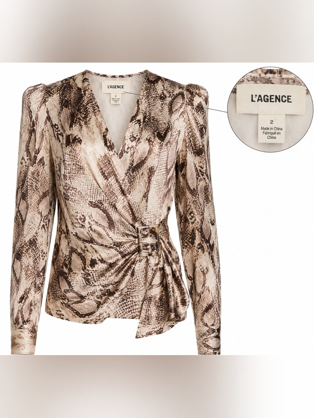 NWT L'AGENCE Benson Snake Print Wrap Blouse Size 2 Luxe Buckle Detail